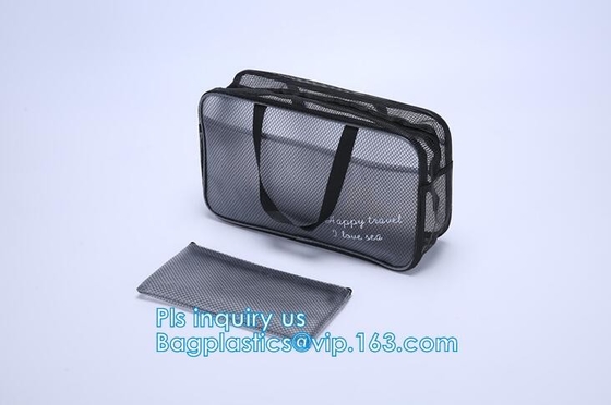 multifunctionele wasbare draagbare in te ademen 3 PCs-de reis kosmetische zak van het polyesternetwerk, Mesh Zipper Black Makeup Pouch Cosm