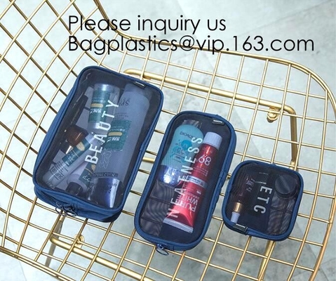 Mannen en Vrouwen de Zakken van Mesh Cosmetic Pouch Set Toiletry zien door de Organisator van de Reismake-up, nylon van de netwerk het kosmetische zak cosmet
