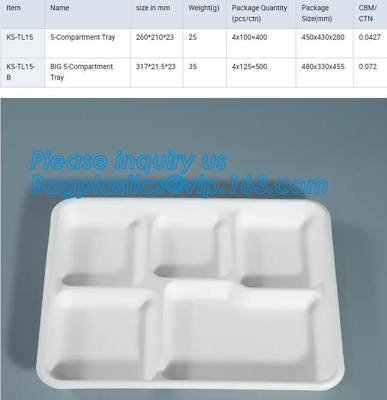 De bagasseplaten van het Eco tonen de Vriendschappelijke suikerriet dienblad, beschikbare 5 de pulpplaten van het compartimentensuikerriet met deksel, bagplastics