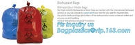 Het gekleurde medische afval doet biohazard huisvuil plastic zakken op broodje met waarschuwingsembleem in zakken, recycling gekleurde biohazar Met platte kop