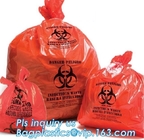 Het gekleurde medische afval doet biohazard huisvuil plastic zakken op broodje met waarschuwingsembleem in zakken, recycling gekleurde biohazar Met platte kop