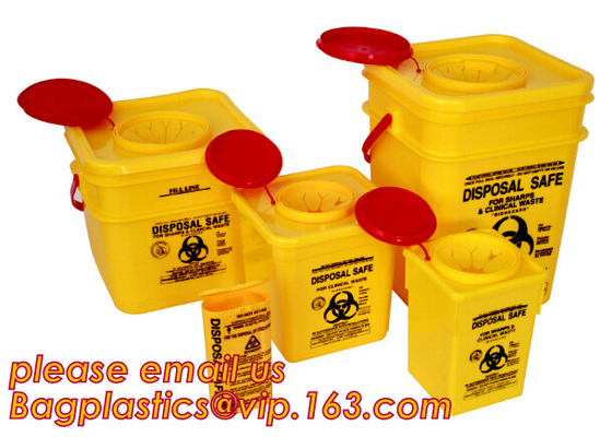 BIOHAZARD AFVALcontainers, PLASTIC OPSLAGdoos, MEDISCHE HULPMIDDELdoos, SCHERPE CONTAINER, VEILIGHEIDSdoos, het Beschikbare Ziekenhuis Bioh