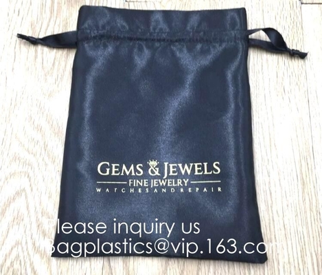 Grote Zwarte Satijnstofzak, Rose Gold Satin Drawstring Bag voor Juwelen, de Zwarte Zak van Satijndrawstring met Gouden Druk