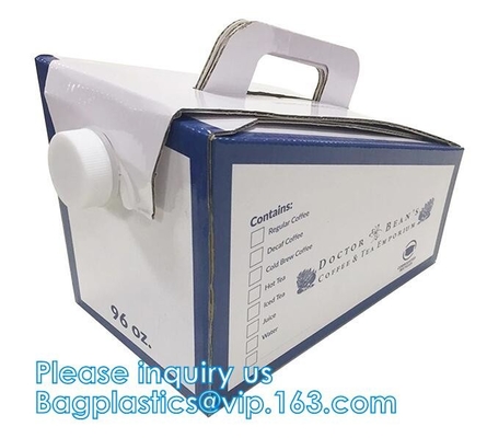 De gerecycleerde zak van het eco vriendschappelijke Aangepaste embleem 1L/2L/3L/5L/10L in doos met klep voor watertribune op de zak van koffiespuiten
