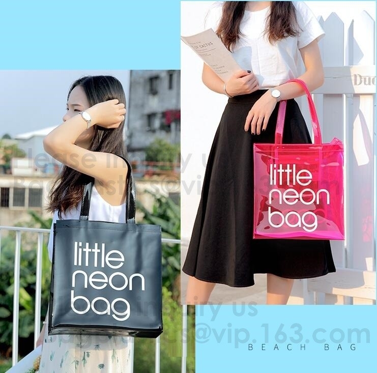 Strand Tote Bag For Women, Duidelijke Tote Bags-van het Strandtote bag with black webbing van pvc het Handvatzak van manier het Duidelijke Pvc