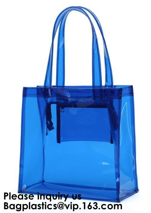 Van de Zaktote with inner pocket and van pvc van de strandzak Duidelijke de Ritssluitingssluiting, pvc-Zakstrand Tote With Black Handles, Bagease