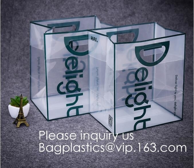 Van de Merknaamlogo printing clear transparent van het douaneontwerp pvc Plastic Winkelend Carry Bag met Handvatbagease, bagplastics