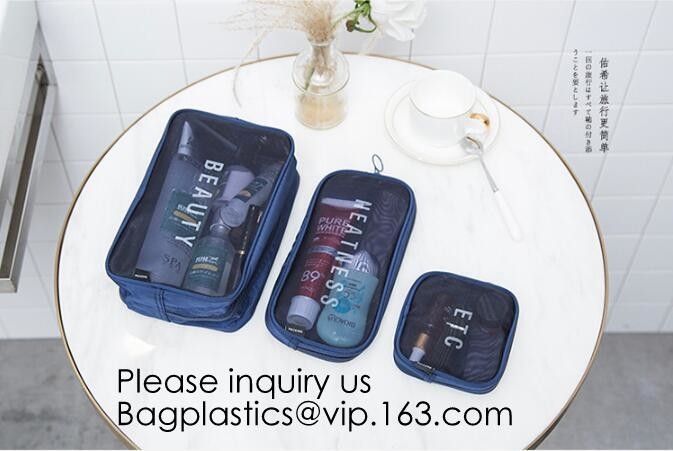 Mannen en Vrouwen de Zakken van Mesh Cosmetic Pouch Set Toiletry zien door de Organisator van de Reismake-up, nylon van de netwerk het kosmetische zak cosmet