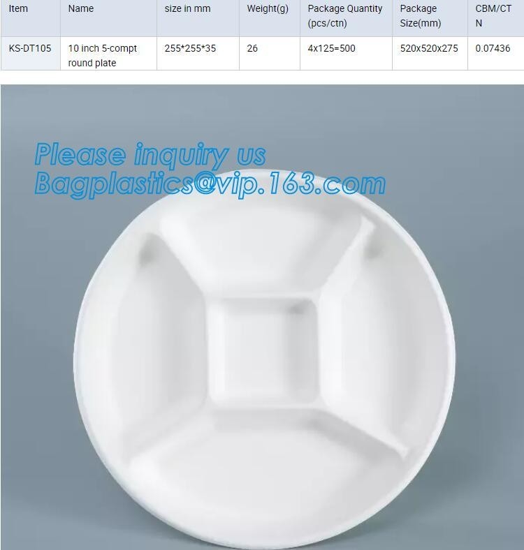 De bagasseplaten van het Eco tonen de Vriendschappelijke suikerriet dienblad, beschikbare 5 de pulpplaten van het compartimentensuikerriet met deksel, bagplastics