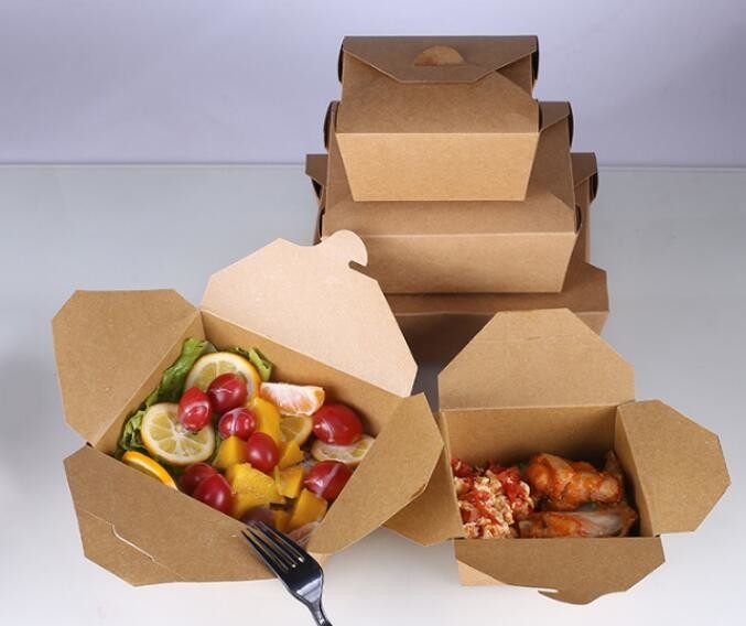 Het bruine Kraftpapier-Document Meeneemvakje van Lunchcontainers, van de het voedselrang van Eco vriendschappelijk het document van kraftpapier beschikbaar lunchvakje bageasepakket