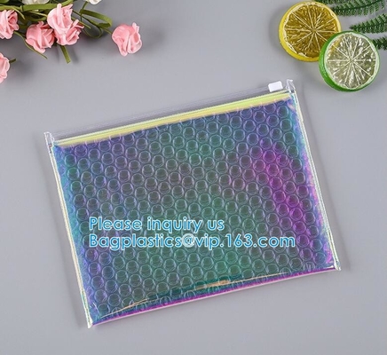 Rainbow Holographic Cosmetic Laser Slider Ziplockk Esd Bubble Bag Bubble Packaging Wrap Cosmetic Pouch Slider Bubble Bag